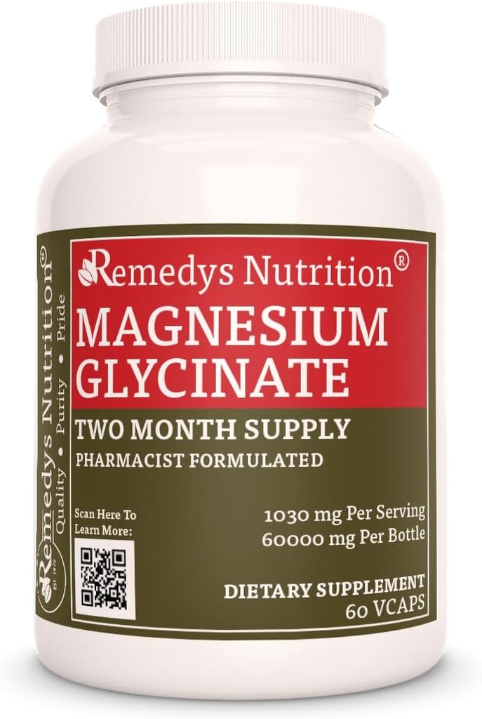 Nutrición de Remedy Magnesium Glycinate tención 1,000 mg, 60 Vegan Capsules Suplemento dietético Silencio Dos Mes Fuente Silencio También Contiene Alfalfa Leaf, Watercress & Nettle Leaf