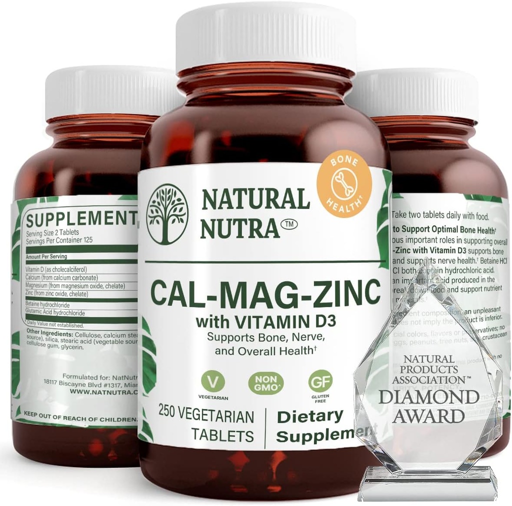 Natural Nutra 500 Conde, Calcio Magnesio Zinc Suplemento con vitamina D3 para la fuerza ósea, ayuda a mejorar la digestión, Salud Gluten libre y libre de azúcar, Mineral esencial