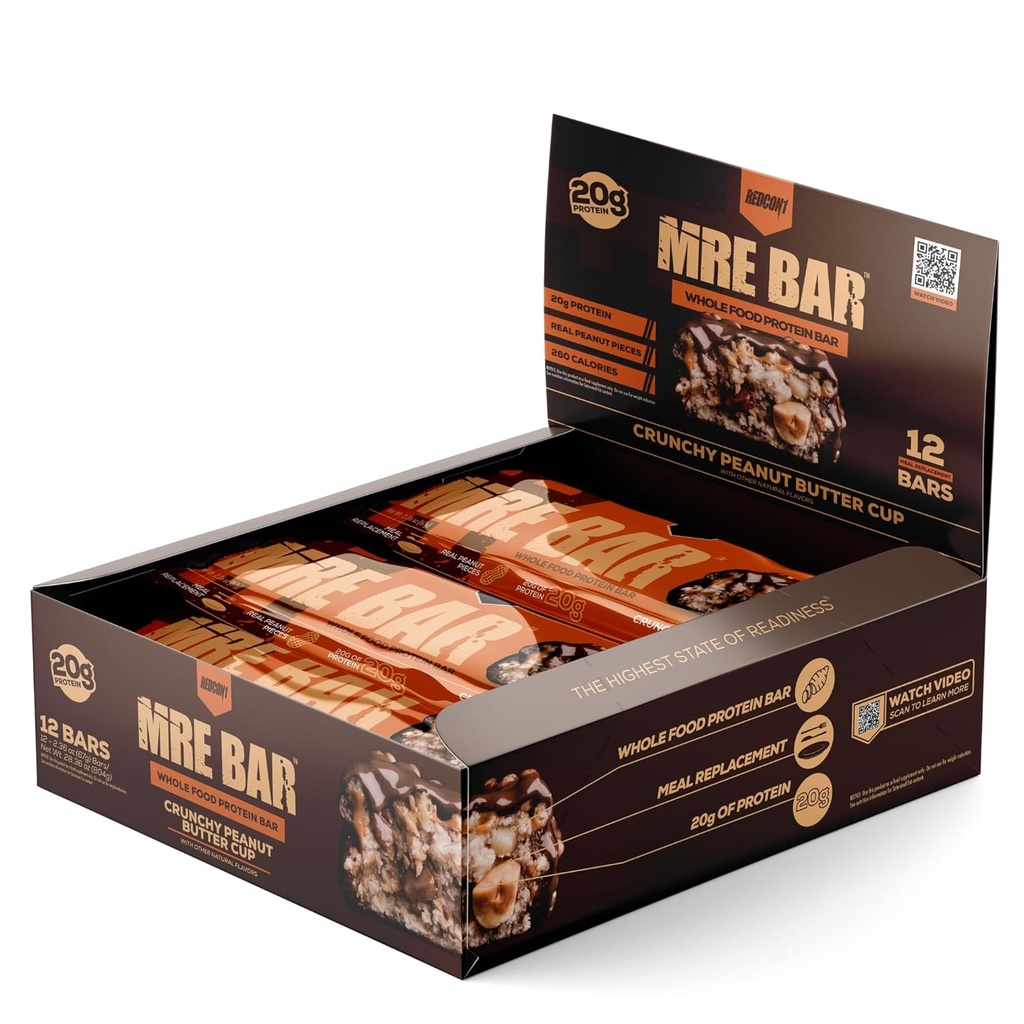 REDCON1 MRE Protein Bar, Crunchy Peanut Butter Cup - Contiene MCT Aceite + 20g de Proteína entera de alimentos - Fácilmente Digestible, Macro Balanced Low Sugar Meal Replacement Bar (12 Bares)