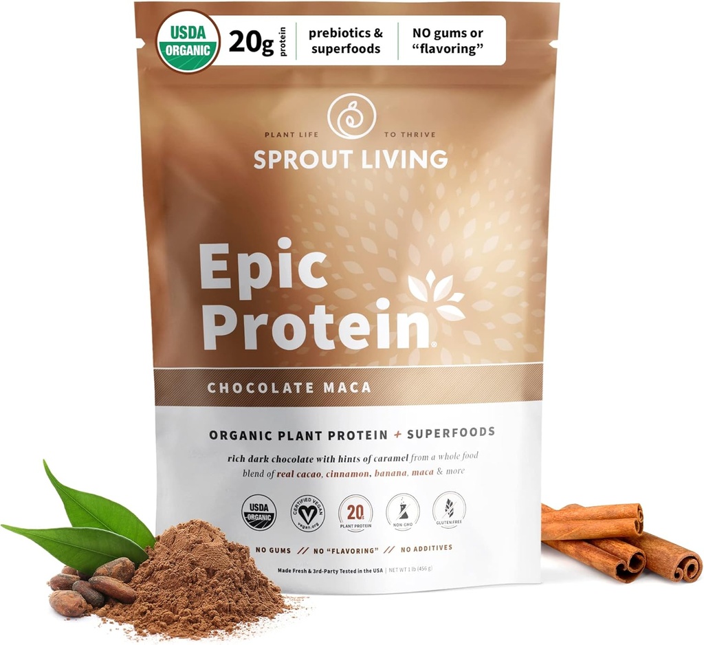 Sprout Living Epic Protein, Plant Based Protein & Superfoods Powder, Chocolate Maca Powder  20 Grams Organic Protein Powder, Vegan, Non Dairy, Non-GMO, Gluten Free, Low Sugar (1 Pound, 12 Servings)
