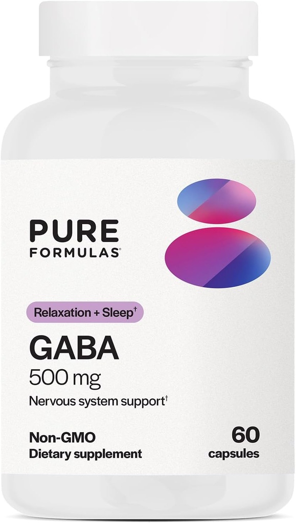 PureFormulas GABA 500 mg - 60 cápsulas ← Suplemento GABA natural (Acido gamma-aminobutírico) Mantener la calma para el apoyo al sueño, el alivio del dolor, el equilibrio de la humedad y la reducción del estrés