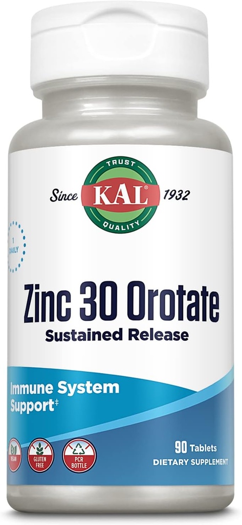 KAL Zinc Orotate 30mg, Sujetamiento, Tablas de Zinc Chelated, Suplemento de Apoyo Inmunitario, Síntesis Proteína, Metabolismo, Apoyo Energético, Vegan, Garantia de 60 días, 90 Serviciones, 90 Tabletas