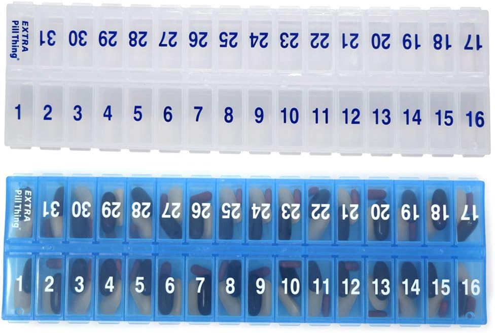 PM 31 Día Una vez-a Día Organizador de Planificador Mensual de Pill - Compartimiento grande Pill Boxes Store Medicamentos para Mes entero Plus Compartimiento para Píldoras Extras (AM/PM Clear & Blue) BPA Gratis