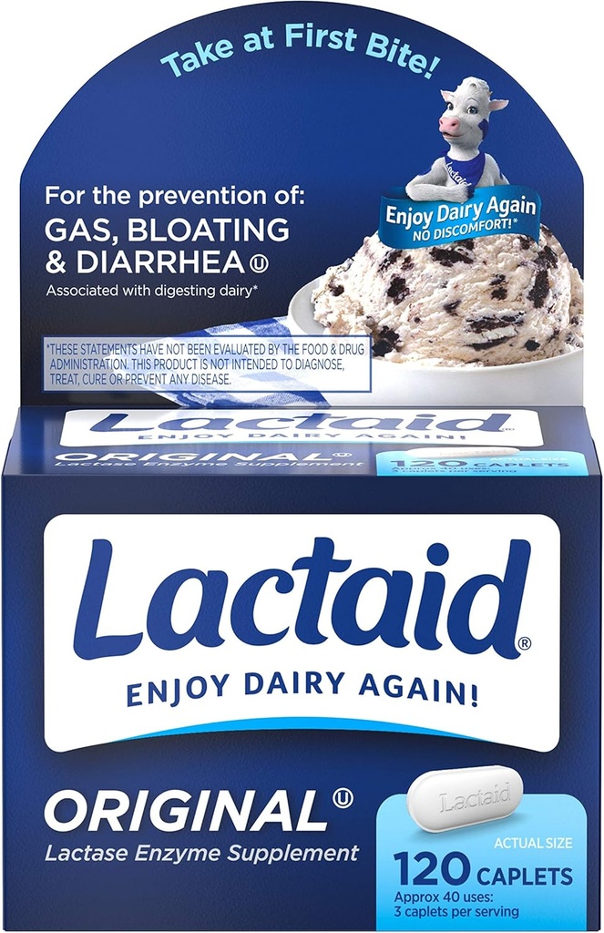 Lactaid Original Strength Lactose Intolerance Caplets with Natural Lactase Enzyme, Dietary Supplement to Help Prevent Gas, Bloating & Diarrhea Due to Lactose Sensitivity, 120 ct