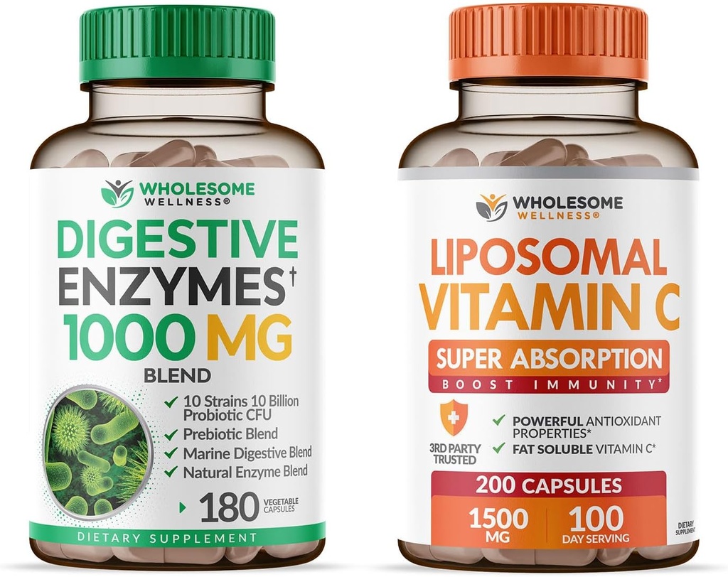 Enzimas digestivas de bienestar integral 1000MG Plus Prebióticos & Probióticos + cápsulas de vitamina C Liposomal (200 pastillas 1500mg amortiguadas) Bundle
