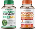 Enzimas digestivas de bienestar integral 1000MG Plus Prebióticos & Probióticos + cápsulas de vitamina C Liposomal (200 pastillas 1500mg amortiguadas) Bundle
