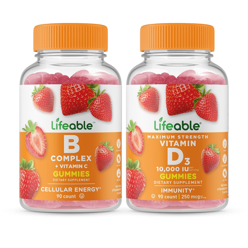 Complejo B Lifeable + Vitamina D 10000 UI, Empaquetado de Gummies - Gran Tasting, Suplemento de vitaminas, Gluten Gratis, GMO Gratis, Chewable