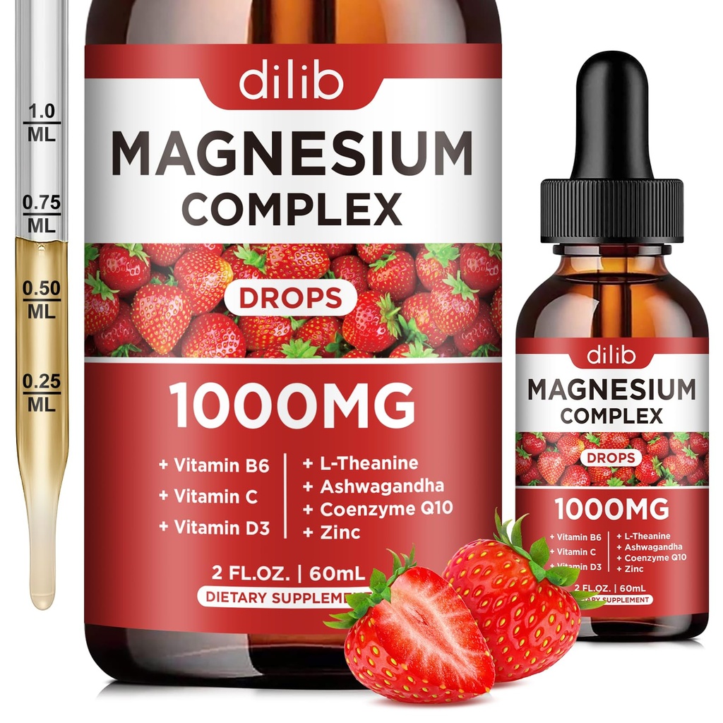 Suplemento Complejo de Magnesio Triple, Glycinate de Magnesio, Blend, Citrate Liquid Drops 1000mg con Ashwagandha, CoQ10, Vitamina B6, C, D, Zinc -Apoyo Calm Stress Relief, Bone, Muscle, Mood Vegan