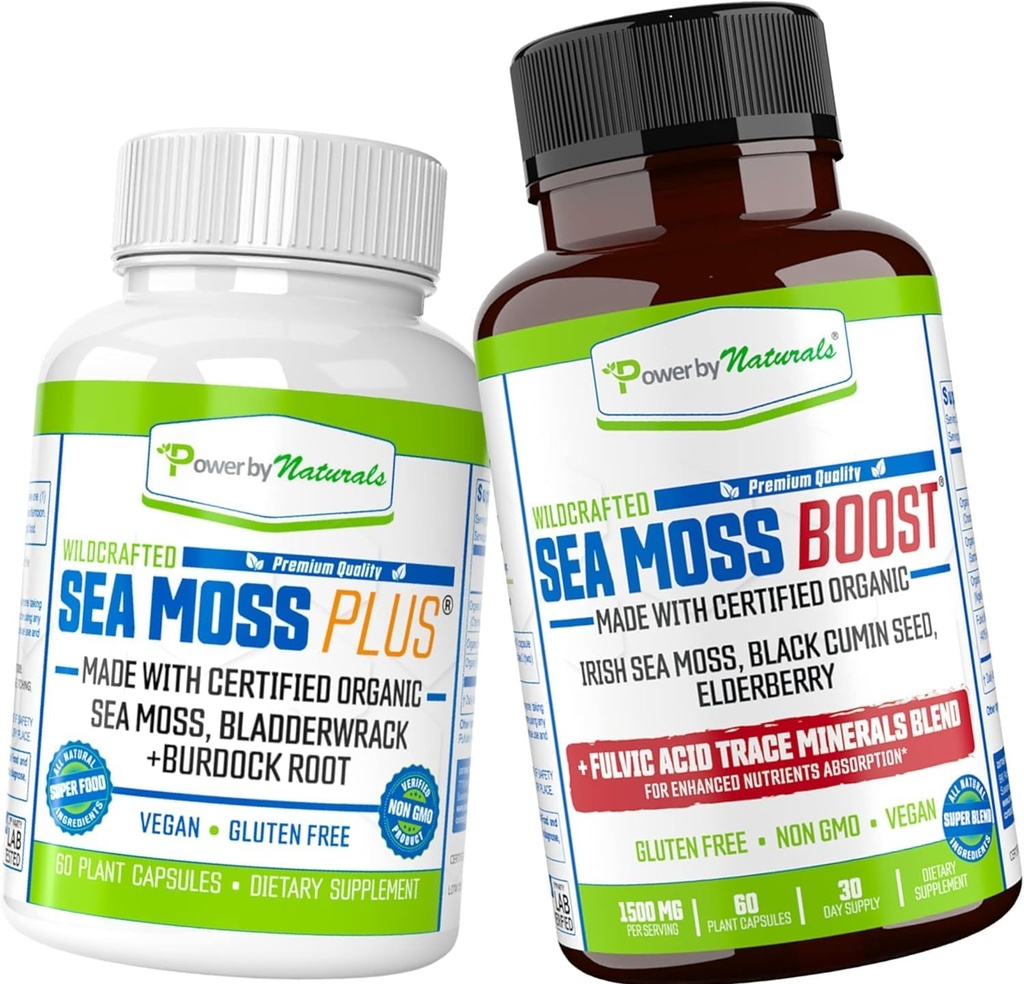 Power By Naturals Certified Organic Sea Moss Capsules Bundle (SeaMoss Plus & Sea Moss Boost) - Wildcrafted, Non GMO sea Mos crudo Orgánico - 60 Gluten-Free seamoss Pills
