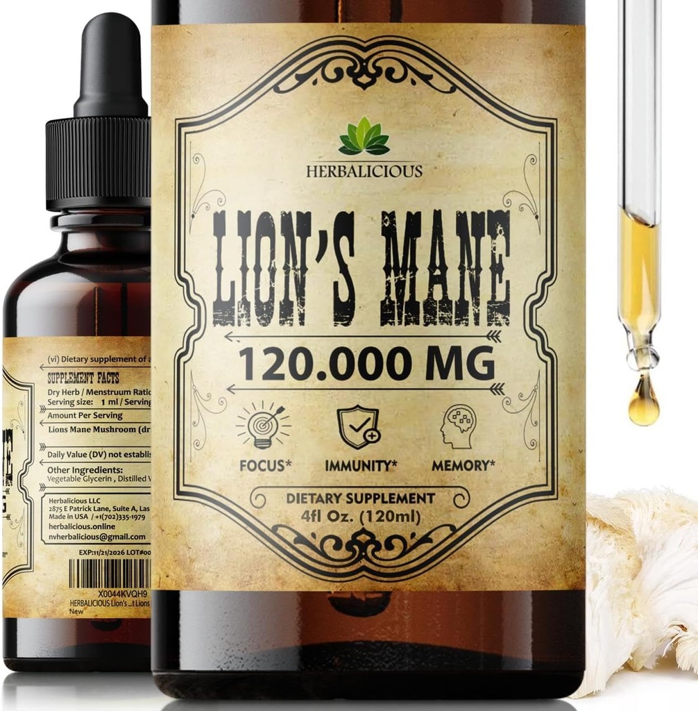 Mane Extract 4 fl oz Líquido – Suplemento Natural de Mushroom Tintura para Cerebro, Memoria, Claridad Mental & Focus – Apoyo Inmunitario – Fórmula de alta potencia – Fuente de 90 días