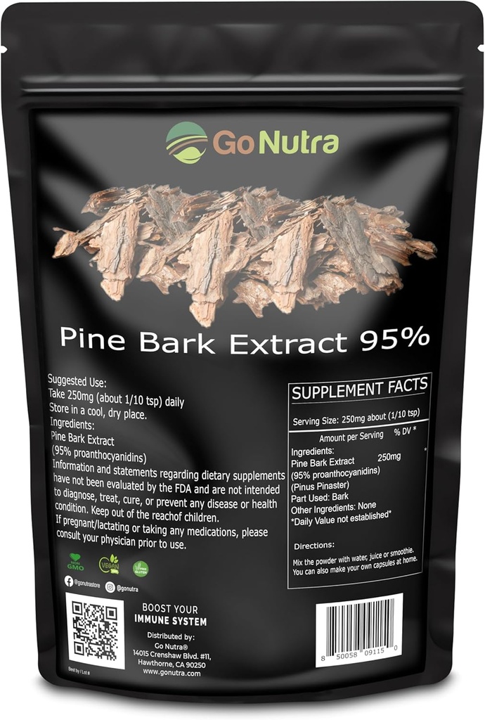 Go Nutra Pine Extracto de corteza Polvo estandarizado 95% Proanthocyanidins Pine Bark Powder Potent Suplemento 8oz. No GMO puro Vegan