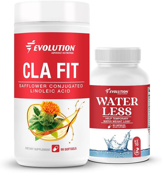 Evolution Advance Sport Nutrition CLA Fit – Safflower Conjugated Linoleic Acid Supplement, Support Lean Muscle Mass, Promote Energy (90 Softgels)+ Menos agua – reduce la retención de agua (60 cápsulas)