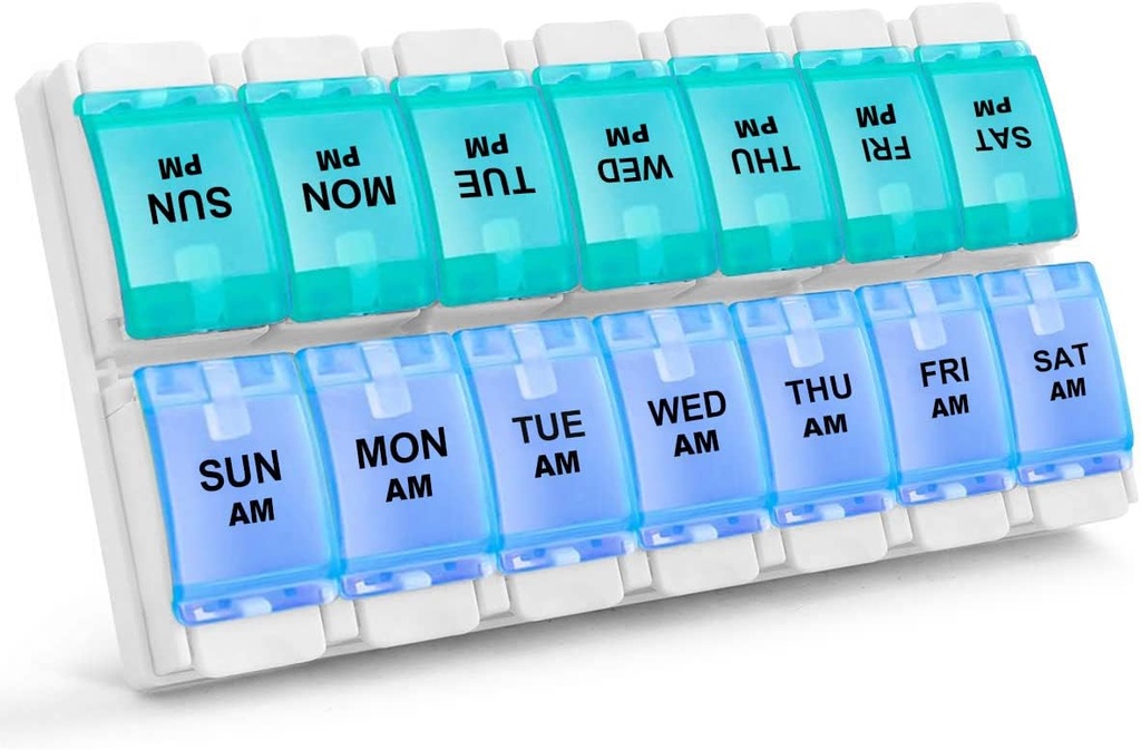 Sukuos AM PM Organizador semanal de 7 días de píldoras, 2 veces una caja de píldoras diurnas con el botón de empuje amigable de la artritis, cajas de medicina para el aceite/suplementos de vitamina/Fish, fácil de limpiar (Cyan manzana)