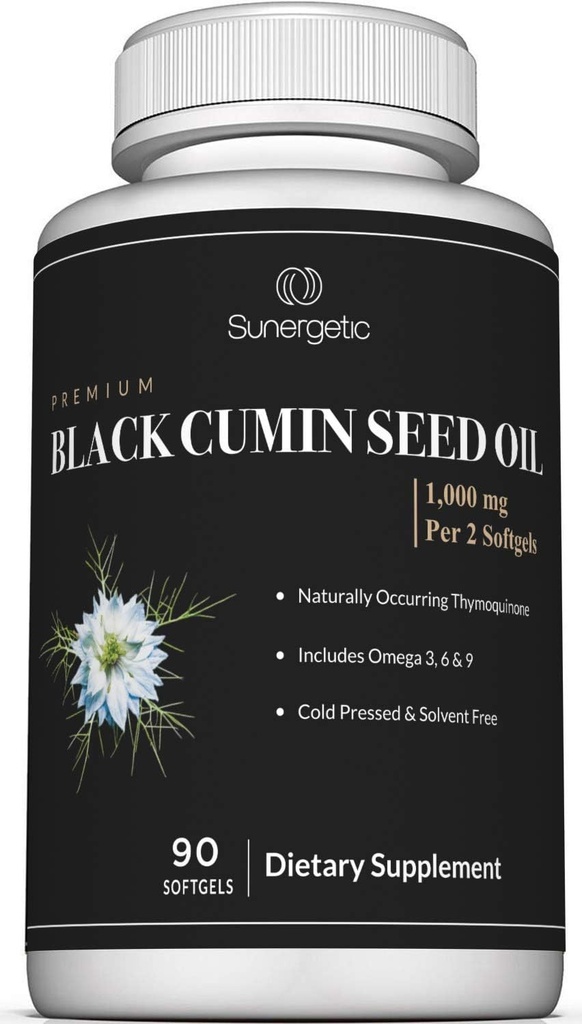 Sunergetic Premium Negro Cumin Seed Oil Softgels – 1.000 mg de aceite de semilla negra por ser – No GMO frío prensado Nigella Sativa – Incluye la timoquinona & Omega - 90 Softgels