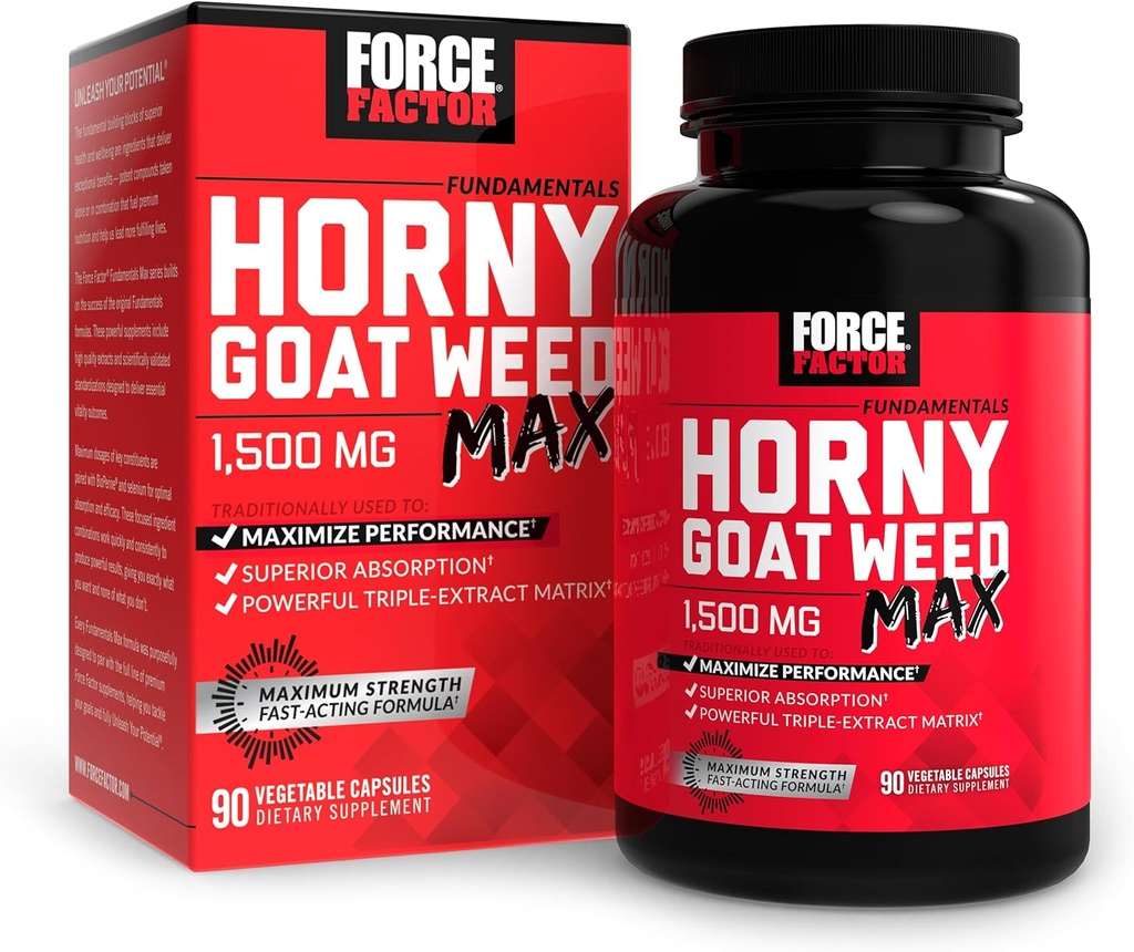 FORCE FACTOR Horny Goat Weed Max, Horny Goat Weed for Men and Women to Maximize Performance and Drive, Triple-Extract HGW Horny Goat Herbal Suplemento, 1500mg, 90 cápsulas