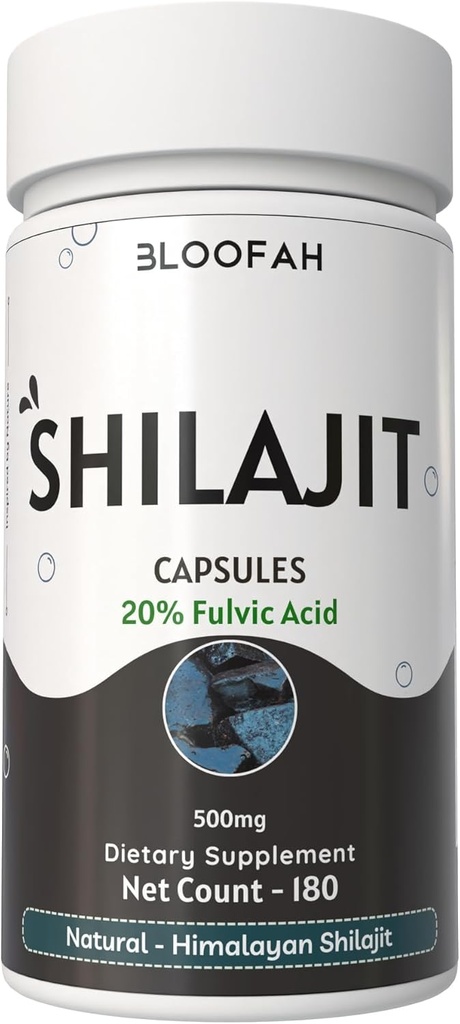 Bloofah Shilajit Capsules 500mg TENIDO 20% Extracto Ácido Fulvic Silencio natural Polvo Shilajit (Asphaltum) ANTE Non-GMO, Gluten-Free ← Suplemento de Bienestar Premium para uso diario (180 Conde (Pack of 1))