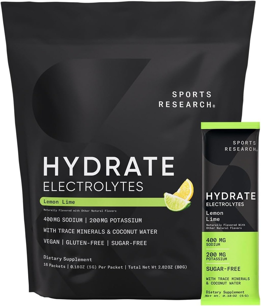 Sports Research Hydrate Electrolytes Powder Packets - Sin azúcar & naturalmente saboreado con vitaminas, minerales y agua de coco - soporta la hidratación - 16 Packets - Lemon Lime