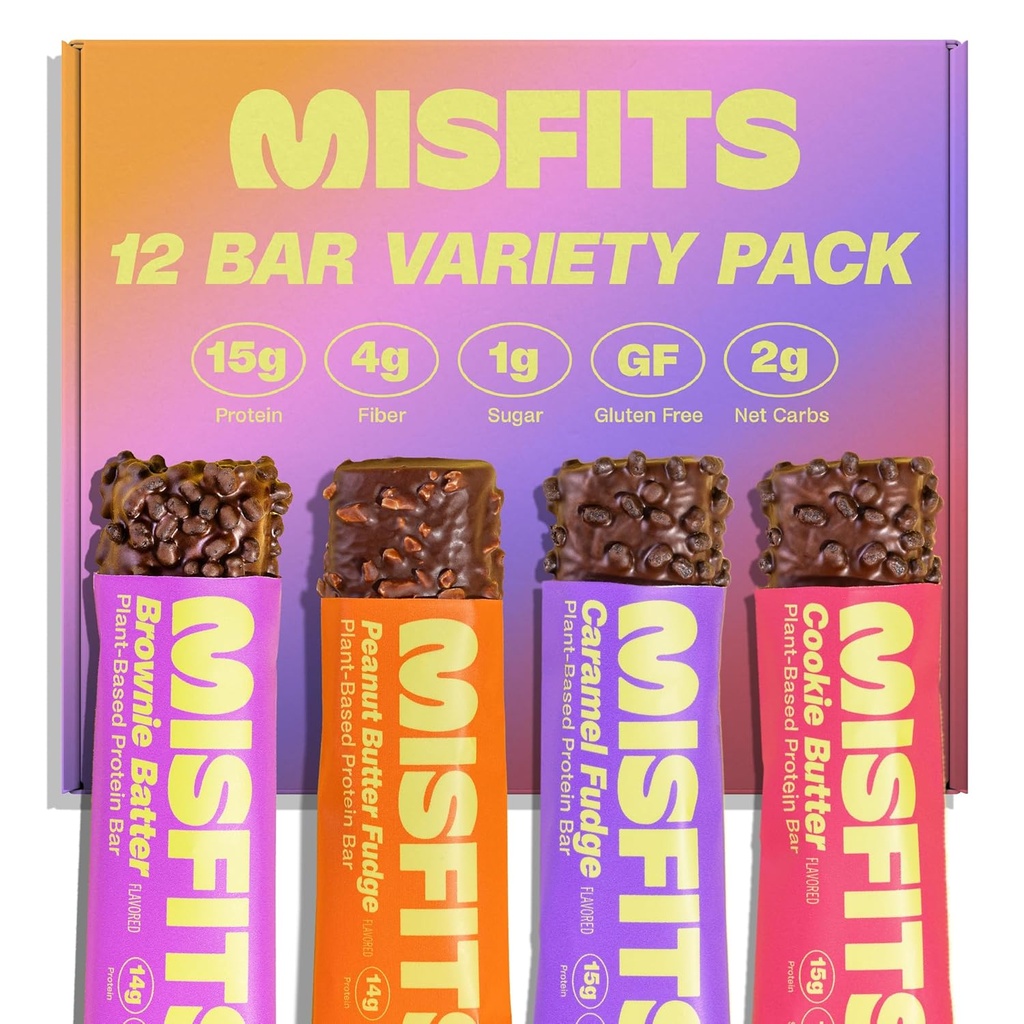 Misfits Vegan Protein Bares - Actualizado Gluten Free Recipe ← Plant Based, Low Sugar & Carb, High Fiber Snacks ANTE Variety Pack of 12 (4 Flavors)