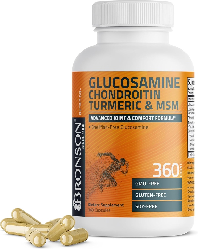 Bronson Glucosamine Chondroitin Turmeric & MSM Fórmula avanzada de cartílago, soporta articulaciones saludables, movilidad y cartílago - No GMO, 360 cápsulas