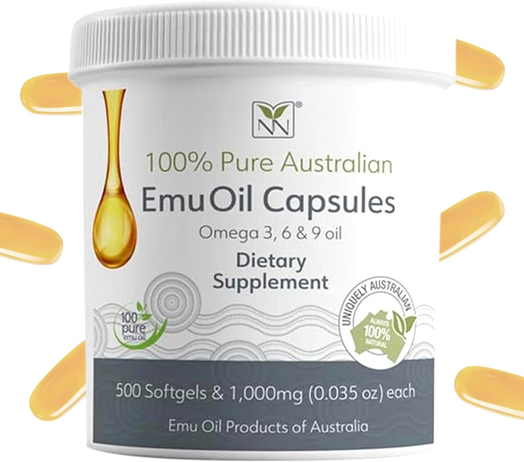 Cápsulas de aceite de emu - Corazón, Cabello, Metabolismo & Soporte Conjunto - Aceite de Emu de Grado Farmacéutico con CLA, Omegas 3, 6 & 9 con vitamina K2, A & E por Y-Not Natural - 1000mg, 500 cápsulas