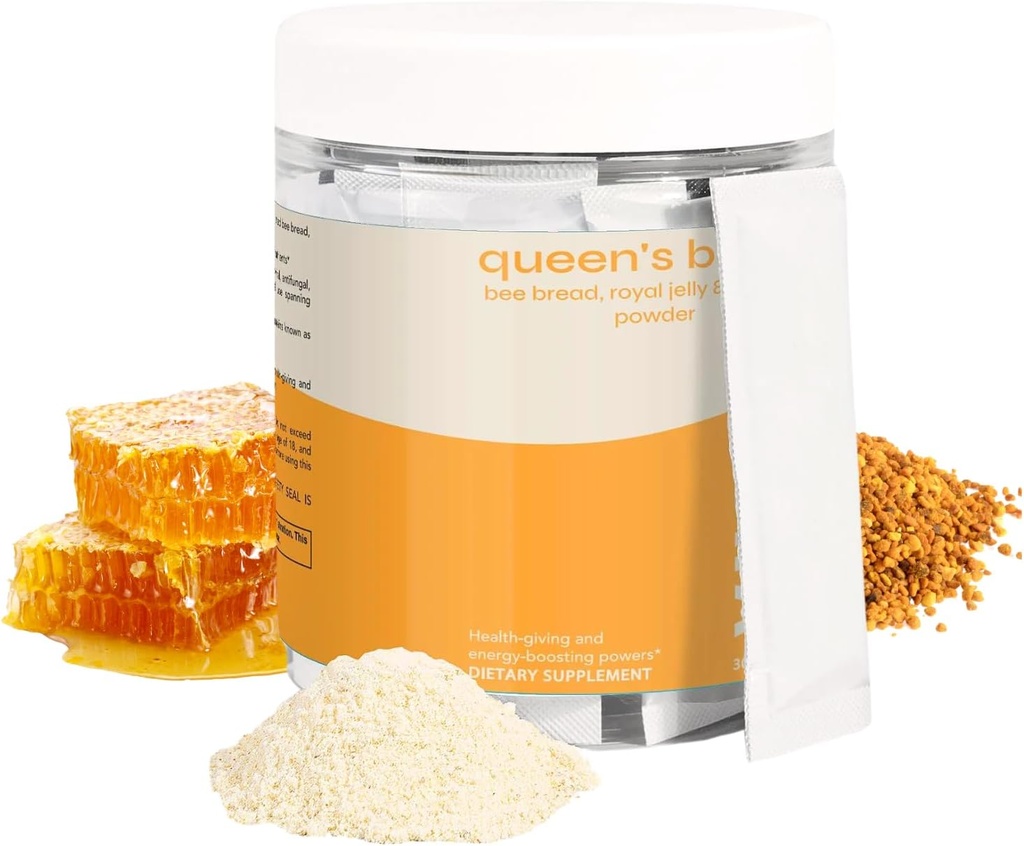 Boost de Queen - Pan de abeja libre de azúcar, Royal Jelly & Propolis Powder con vitamina C - Non-GMO, Immune y Energy Support- 30 Sachets individuales por paquete, 30-Day Supply