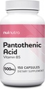 Ácido pantoténico (Vitamin B5) Suplemento 500mg, 150 cápsulas - Apoya energía, foco, sistema digestivo, " Esquí saludable