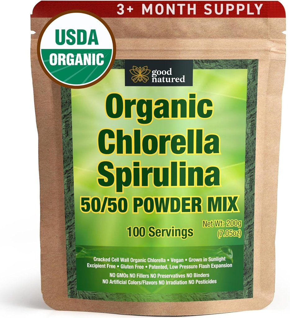 Good Natured Organic Spirulina y Chlorella Powder 50/50 Mix - 3 Month Supply - Vegan & Non-GMO Clorella y Polvo Spirulina