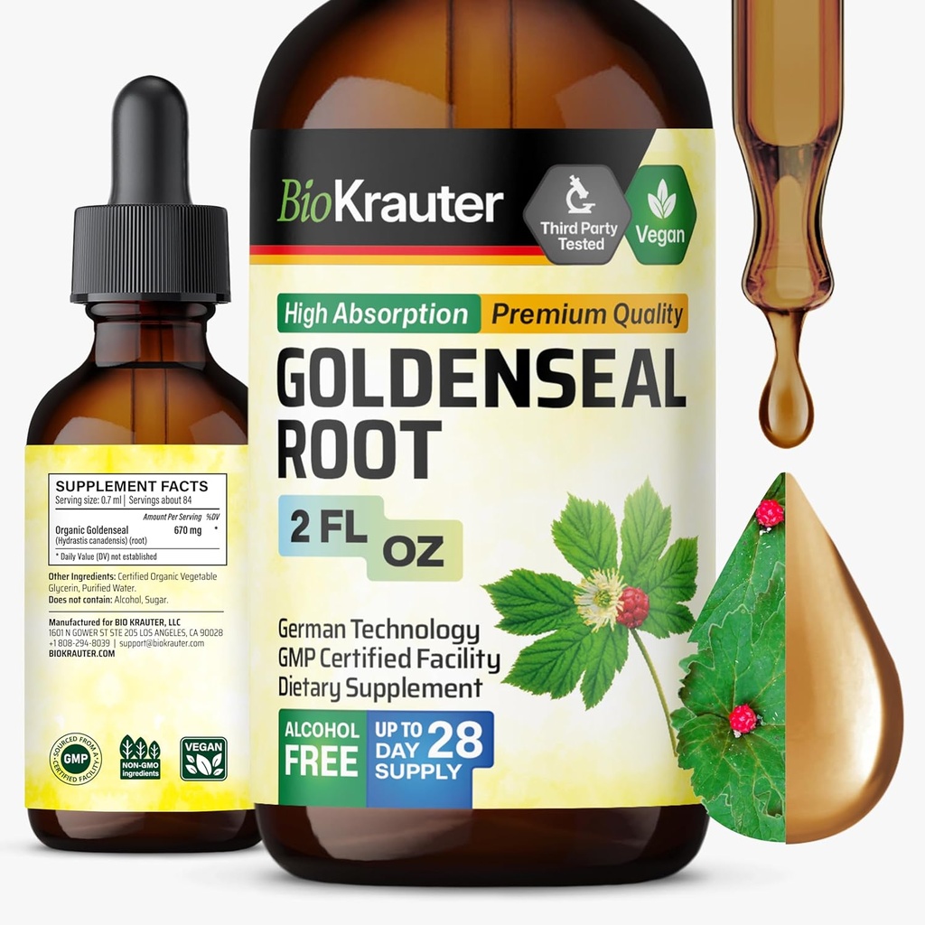 BIO KRAUTER Goldenseal Root Extract Liquid - Vegan Respiratory Support - Golden Seal Drops - Alcohol & Sugar Gratis - 2 Fl.Oz.