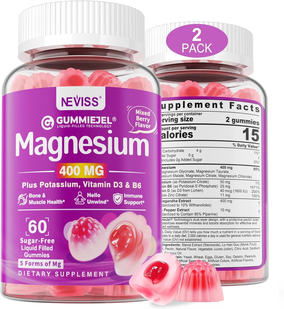 Magnesio sin azúcar Gummies 400mg ← 5-in-1 Magnesio Complejo: Glycinate, Citrate, Malate, Chloride & Taurate Silencio con Ashwagandha, Vitamina D3 & Zinc  durable Muscle, Mood & Energy Support TEN Vegan, 2-Pack