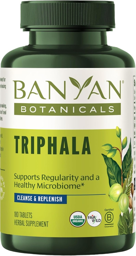 Banyan Botanicals Triphala Tablets - Orgánica Triphala con Amla, Haritaki & Bibhitaki – para la digestión, eliminación " Saludable Gut Microbiome* – 180 Tablets – Non-GMO Fuente sostenible Vegan