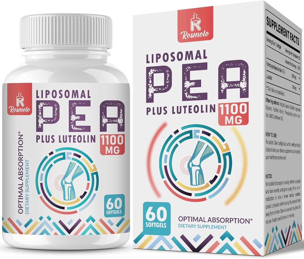 Palmitoylethanolamida Liposomal 1000 mg + Luteolina 100 mg, Pea micronizada 99% Altamente Purificada - Ausorción mejorada y biodisponibilidad, 60 Softgels
