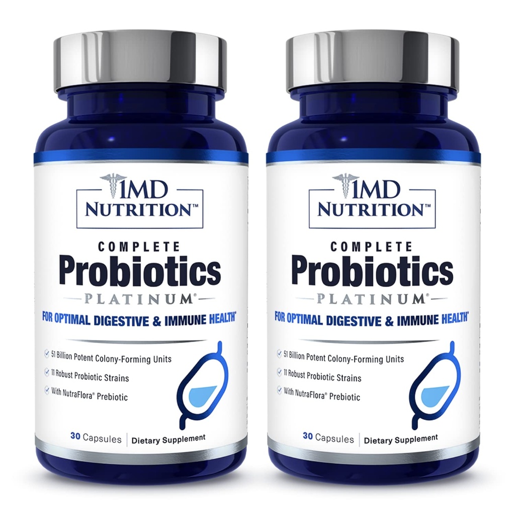 1MD Probióticos completos Platinum ← Apoya la Salud Digestiva Silencioso con Prebióticos de Nutrición, 51 Billion Live CFU, 11 Strains, Dairy-Free TEN 30 cápsulas vegetales (2-Pack)