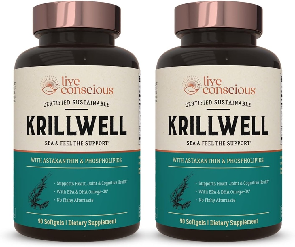 Live Conscious KrillWell, Joint, and Cognitive Support ¦ Certified Sustainable Krill Oil 2X More Effective Than Fish Oil - (Pack of 2)