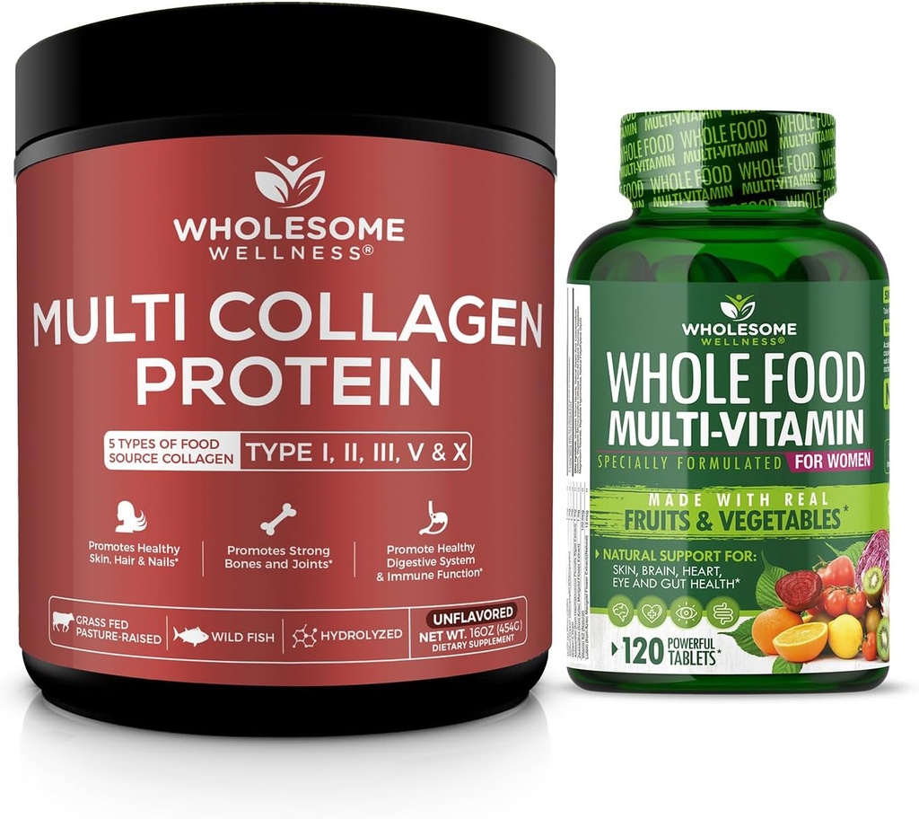 Multivitamina entera de alimentos para mujeres + multi colágeno de pólvora hidrolizada (Tipo I II III V X)