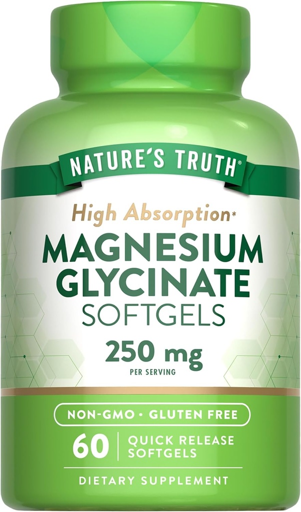 La verdad de la naturaleza Magnesium Glycinate 250mg ← 60 Softgels TEN High Absorption ← No Gluten Suplemento Mineral Gratuito