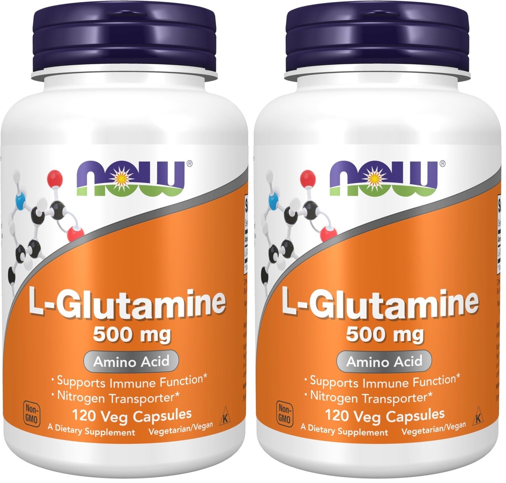 NOW Foods Supplements, L-Glutamine 500 mg, Nitrogen Transporter*, Amino Acid, 120 Veg Capsules, (Pack of 2)