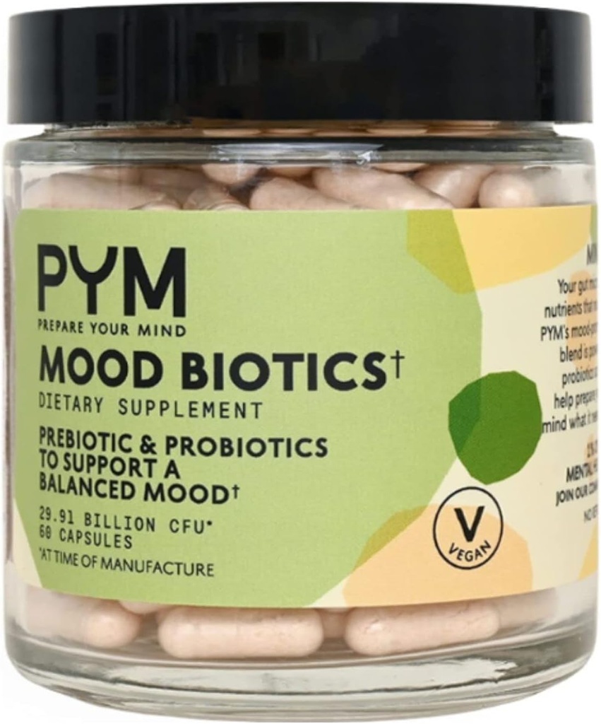 Prebióticos y Probióticos Mood Biotics por PYM con 22.91 Billion CFU (60 Conde) Gut Health & Mood Support Suplemento No-GMO, Vegan, Gluten Free