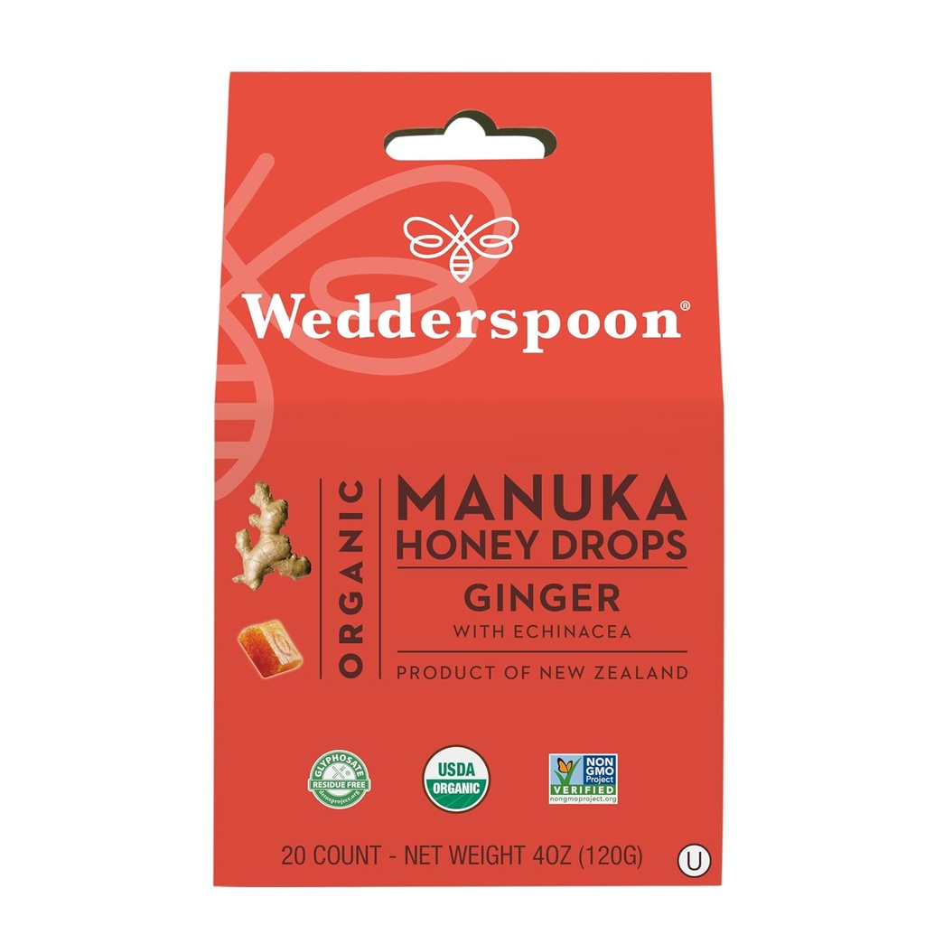 Wedderspoon Organic Manuka Honey Drops, Ginger & Echinacea, 20 Conde (Pack of 1) ¦ Genuine New Zealand Honey ← Perfect Remedy For Dry Throats