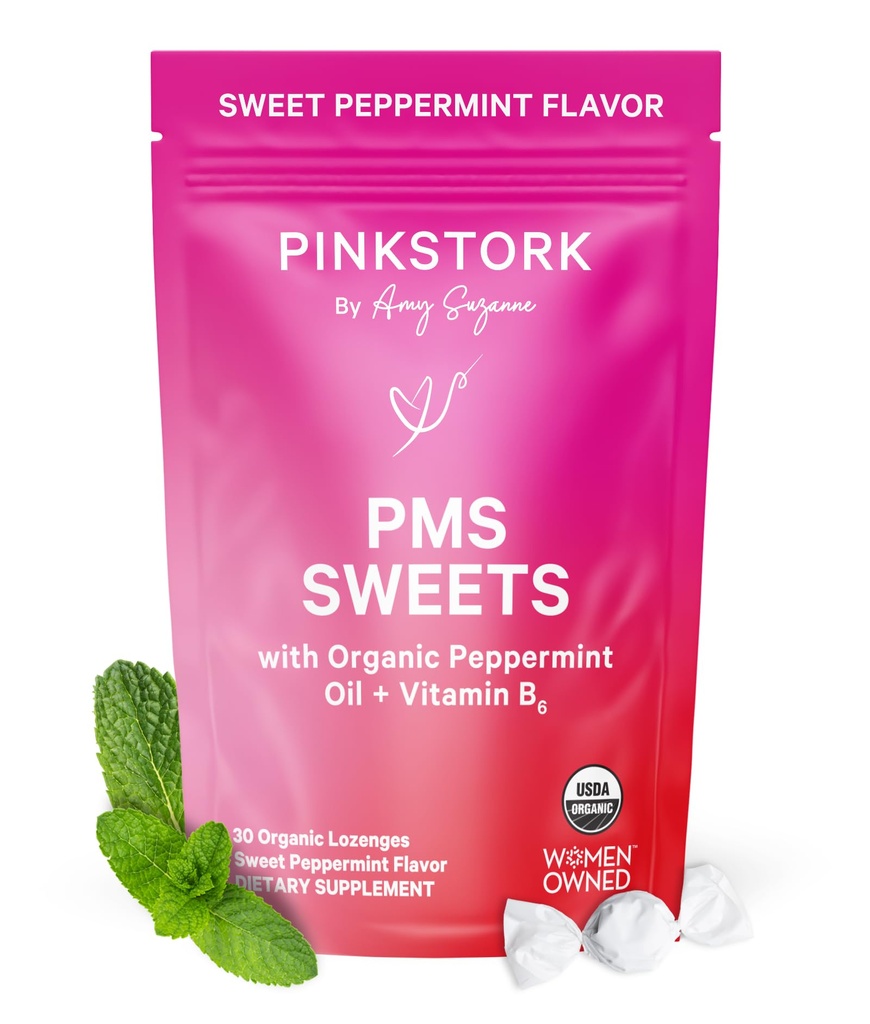 Pink Stork Organic PMS Support Sweets for Teens and Women - Simple & Natural Ingredients Vitamina B6 y Peppermint - Periodo, Digestión, Bloating, Mood Swings - 30 gotas