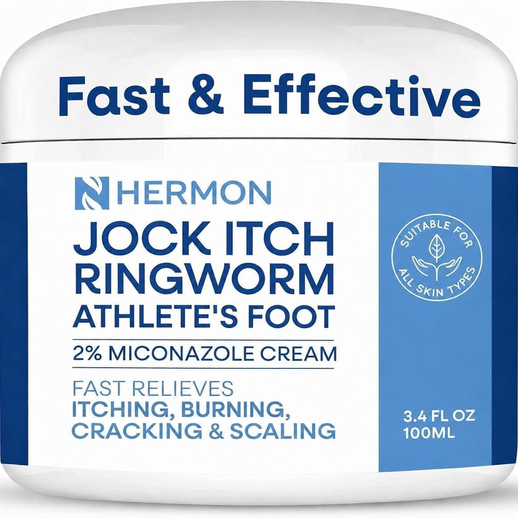 Hermon Jock Itch Cream: Ringworm Treatment for Humans, Athlete's Foot Cream -Fast and Effective Symptom Relief of Itching, Burning and Redness -100ml