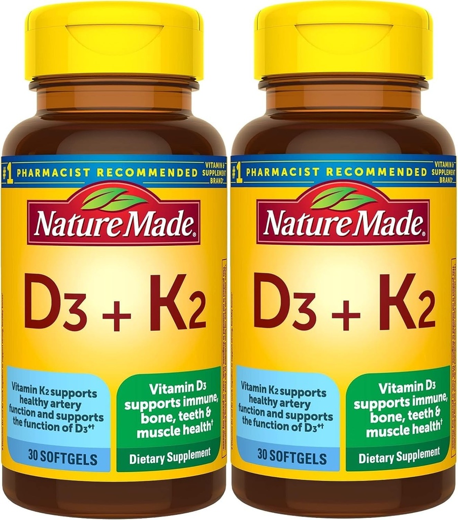 Nature Made Vitamina D3 K2, 5000 UI (125 mcg) Vitamina D, Suplemento dietético para el Hueso, Dientes, Musculo y Apoyo a la Salud Inmune, 30 Softgels, 30 Day Supply - Pack of 2
