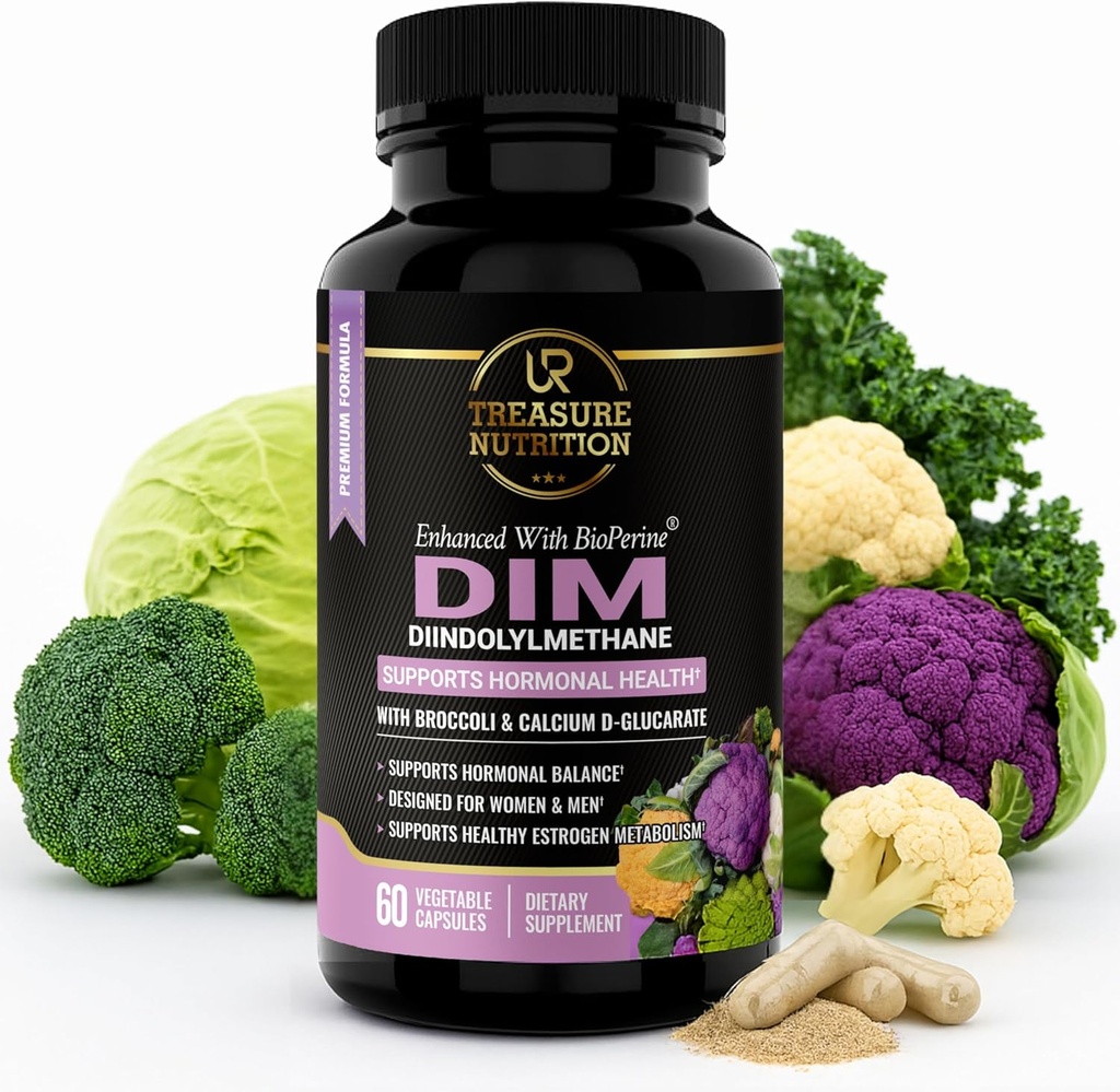 Suplemento DIM con Extracto de Broccoli y BioPerine - Saldo de hormona natural para mujeres y hombres - Balance de estrógeno - Menopausa, acné - 60 cápsulas vegetarianas con calcio D-Glucarate