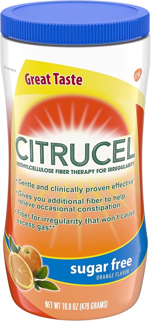 Citrucel Sugar Free Orange Flavor Methylcellulose Fibra Terapia Polvo para la Regularidad, 16.9 onza, Paquete de 4