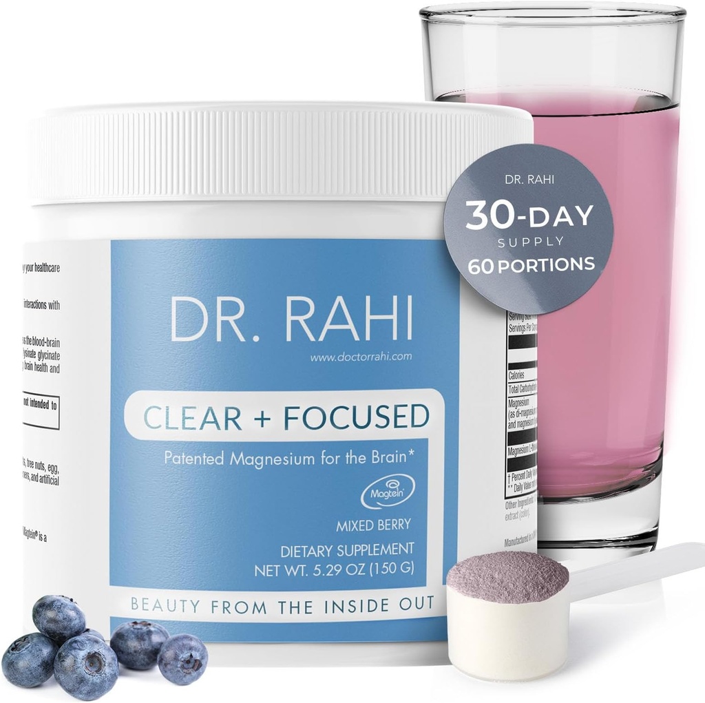 Suplemento de polvo de magnesio Hecho en EE.UU. MixedBerry 150g- Patented Magnesium L-Threonate Powder, Brain Support, Non-GMO Fácil de mezclar suplemento de magnesio Polvo para adultos-Clear y enfocado por el Dr. Rahi