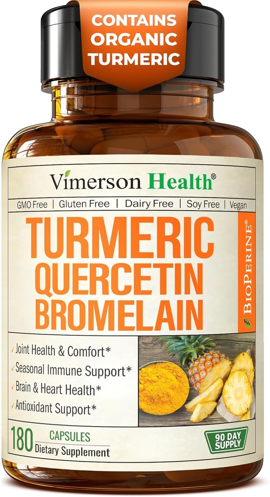 Quercetina con Bromelain Turmeric Curcumin Suplemento – Alivio de Alergia, Soporte Conjunto & Inmuno – Suplemento Turmérico Orgánico con Pepper Negro (Bioperina) – 180 Quercetina 500mg cápsulas