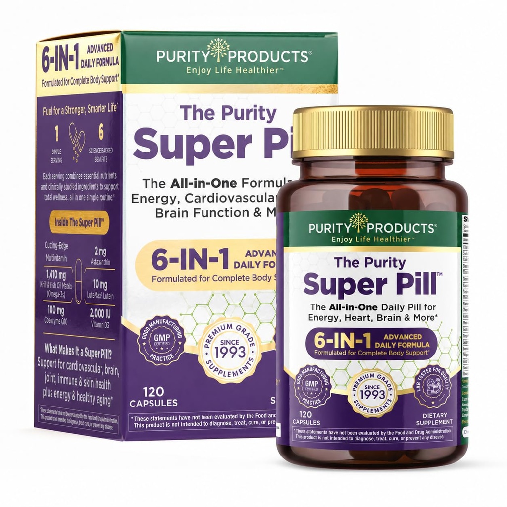 Purity Products Purity Super Pill Newly Upgraded Elite Multi + Krill Oil + Fish Oil - Vitamins + Minerals, CoQ10, Lutein - Supports Healthy Brain, Joints, Heart + More - 120 Liquid Capsules