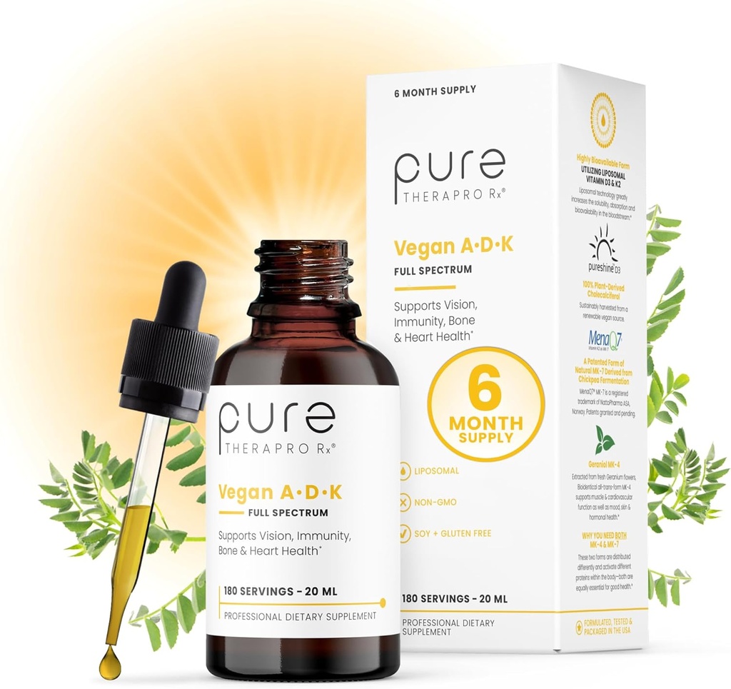 Pura Thera Pro Rx Vegan A-D-K Drops-6 Mon Supply-Vitamin A(Palmitate " Betacarotene),Liposomal Vitamina D3 (como cholecalciferol vegano), Vitamina Posómica K2(MK-4 & MK-7)Aporta la inmunidad " Bone Health-20m L