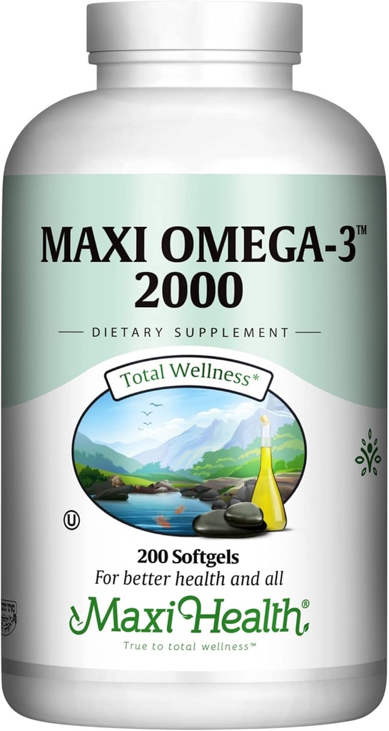 Suplemento de la Omega 3 - Petróleo de Pesca Omega-3 2000mg - Fuente Natural de EPA " DHA - Corazón, Cerebro " Salud Conjunta - Kosher Certified Wild Caught Marine Fish - 200 Vegetarian Softgels por Maxi Health