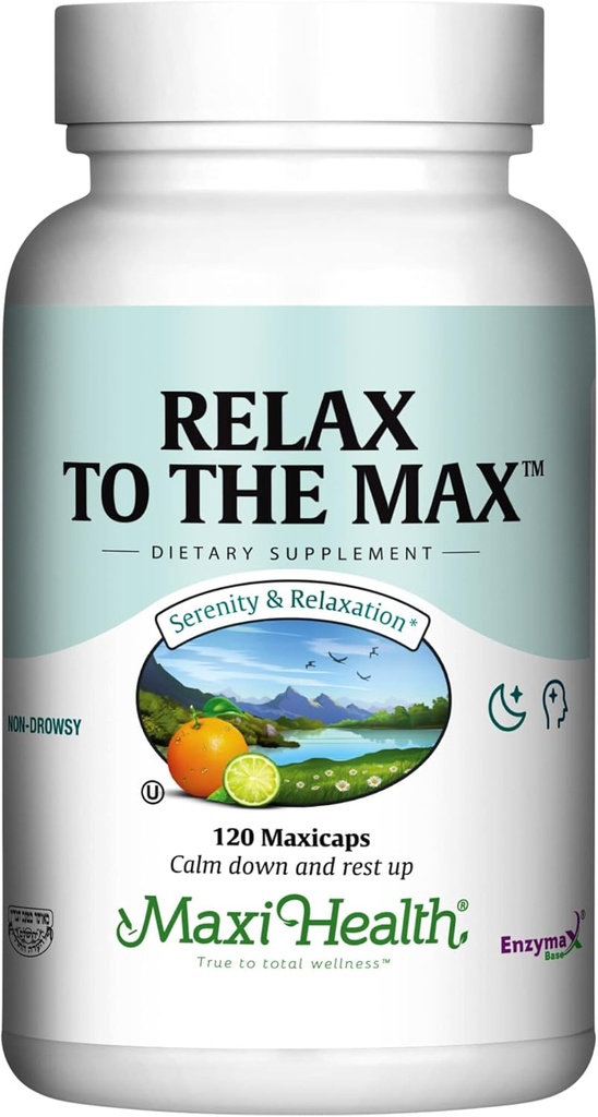 Maxi Health - Relax to the Max Stress Relief Fórmula (120 Conde) Mood Relief Capsules with Vitamin C, Calcium, L-Theanine, L-Taurine ' Amino Acids - All Natural Calming & Relax Suplementos