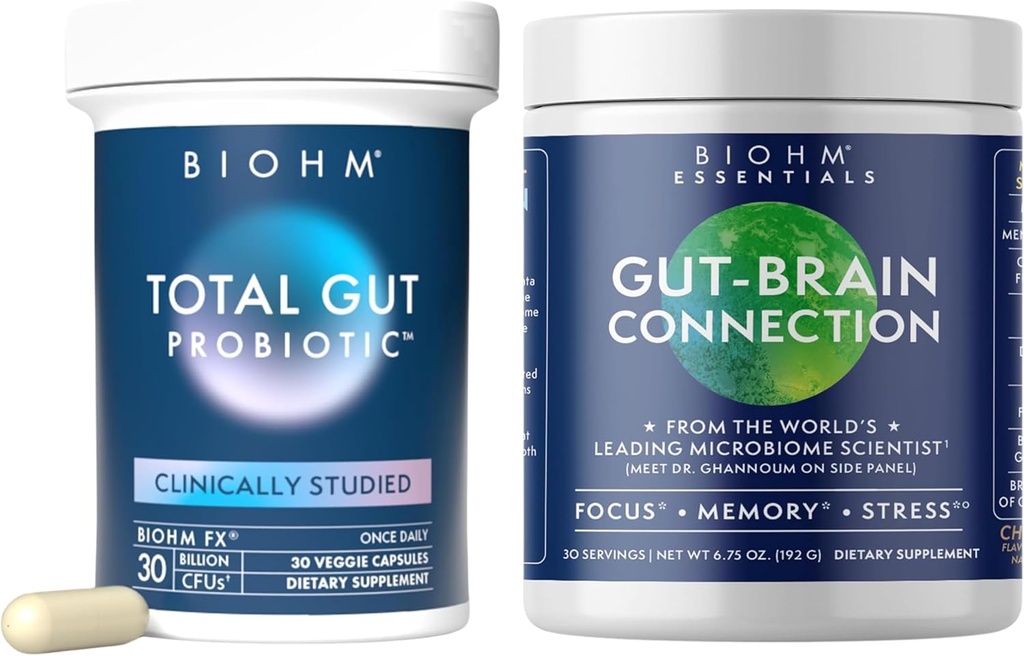 BIOHM Total Probiotic and Gut-Brain Connection Bundle, 30 Billion CFU Daily Probiotic with Good Bacteria, Fungi, Support Memory, Concentration, Focus, and Balanced Gut, 30 Servings Every